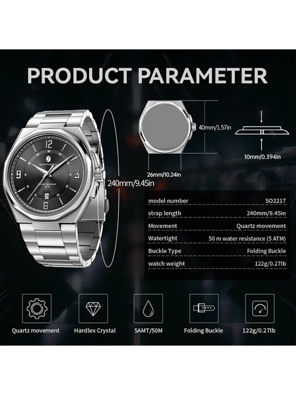 Men's Black/Silver Numeral Dial Stainless Steel Strap Analog Quartz Wrist Watch